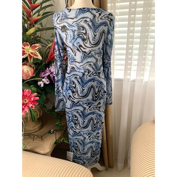 ASOS DESIGN Long Sleeve Mesh Midi Dress with Tie Waist Detail Blue Swirl Print - Picture 8 of 12